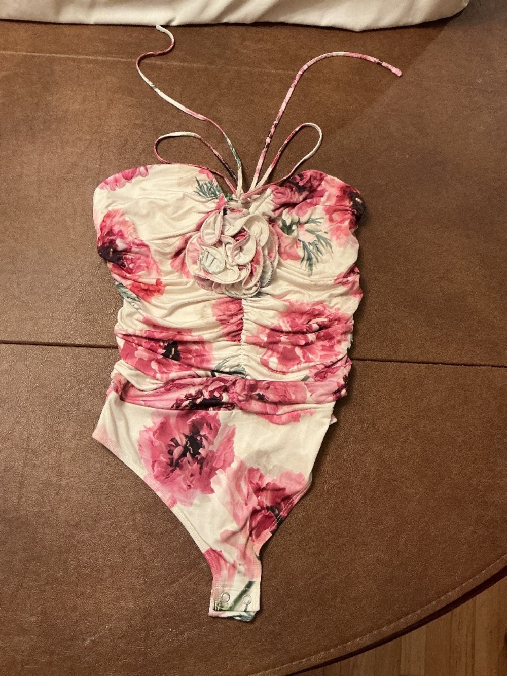 NWT Express Pink Floral Ruched Lace up Bodysuit Blush Stretch Top Sz XS